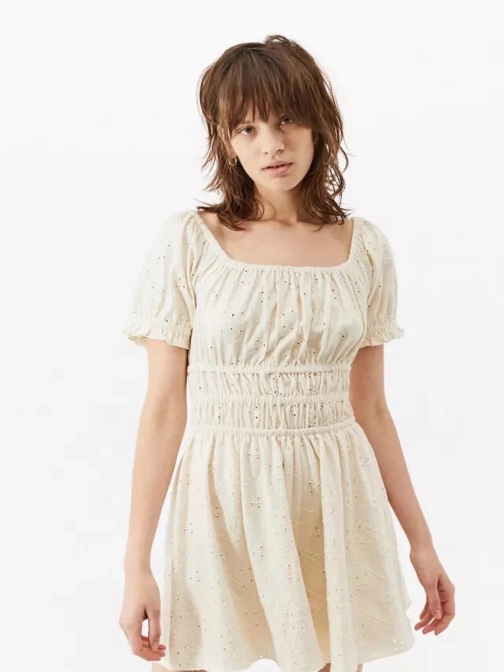 Urban outfitters cream eyelet square neck smocked Puff sleeve Romper Sz S NWT